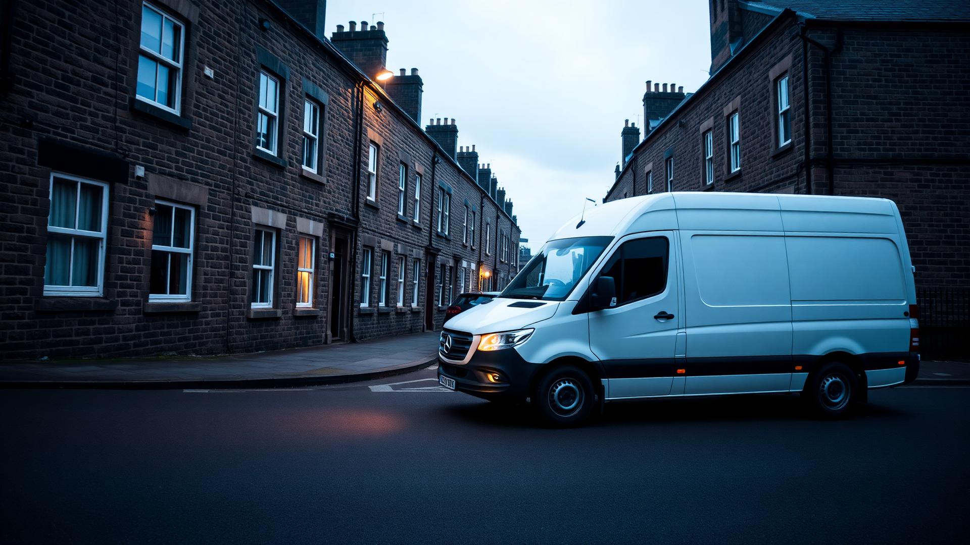 White transport van parked on a Yorkshire street